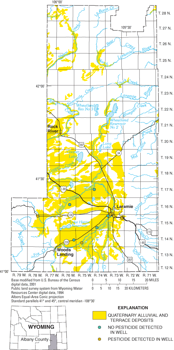 Figure 3. Location of wells sampled in Albany County, Wyoming, and notation of pesticide detection in each well.