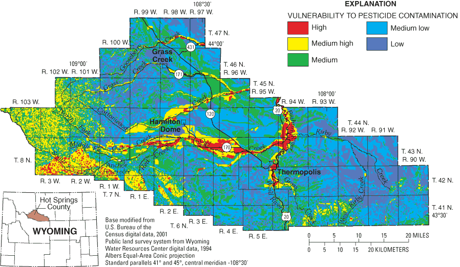 Figure 2. Vulnerability of Hot Springs County, Wyoming ground water to pesticide contamination (from Hamerlinck and Arneson, 1998).