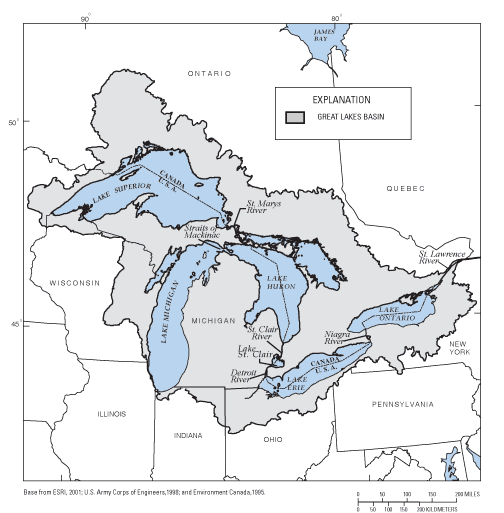 Figure 1 showing a location map of the great Lakes Basin in the United 