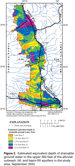 Figure 2. Estimated equivalent depth of drainable ground water in the upper 300 feet of the alluvial-outwash, till, and basin-fill aquifers in the study area, September 2003.