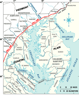 Figure 1. Extent of the Atlantic Coastal Plain in Maryland and adjacent states. (Click to view larger image)