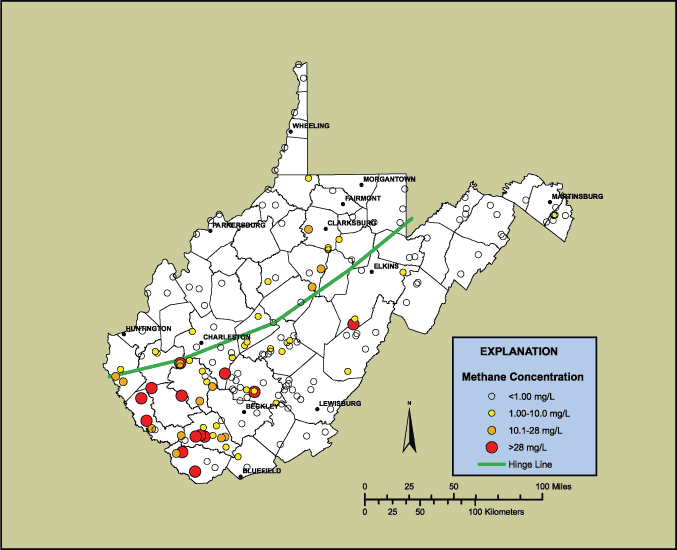 Map showing methane concentrations in ground-water wells sampled through out West Virginia.