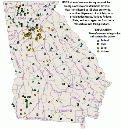 USGS streamflow monitoring network for Georgia and major watersheds.