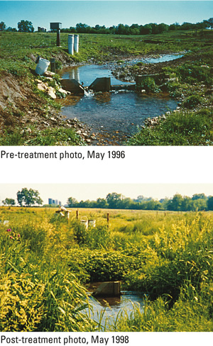 Figure 2. Tributary sites (t-2) in treatment basin in the Big Spring Run Basin, Lancaster County, 
Pa., before and after fence installation.