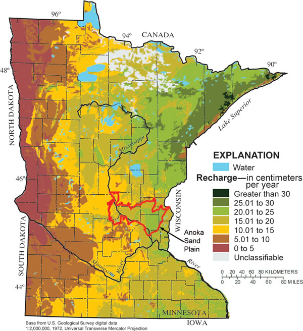 Figure 2. Average annual recharge rate to surficial materials in Minnesota (1971-2000)
estimated on the basis of the regional regression recharge method (Lorenz and Delin, 2007).
