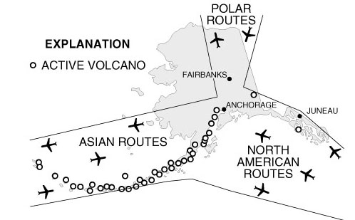 Illustration of air traffic corridors and active volcanoes in Alaska.
