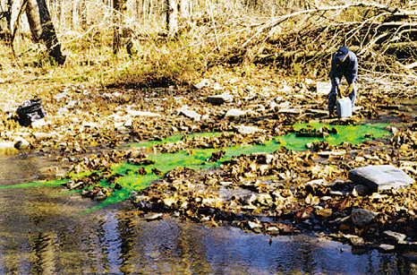 Photo showing USGS employe injecting dye into a sinking stream.
