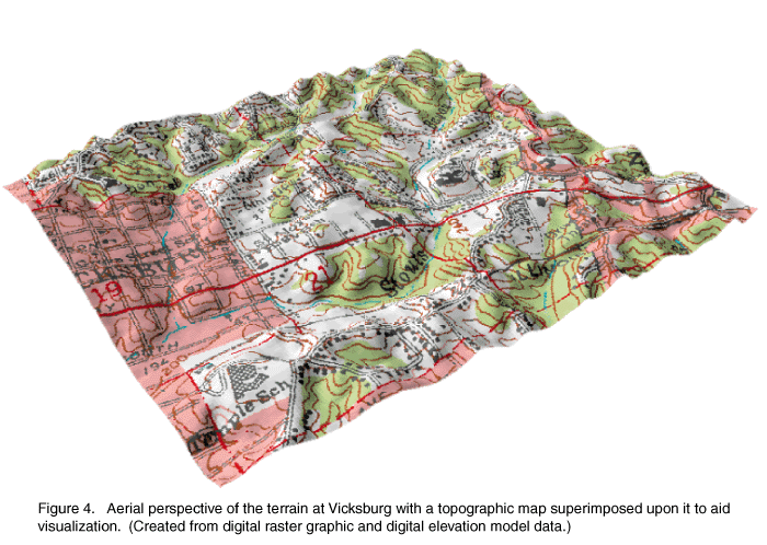 Aerial perspective of the terrain at Vicksburg with a topographic map