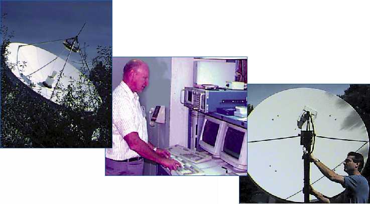 3 images of satellite dishes and scientist working