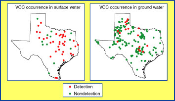 Map showing locations of reservoirs and wells sampled for VOCs.