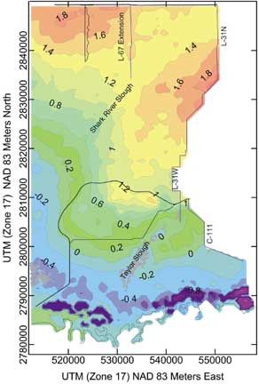 Land-surface elevation contours of eastern part of TIME model grid
