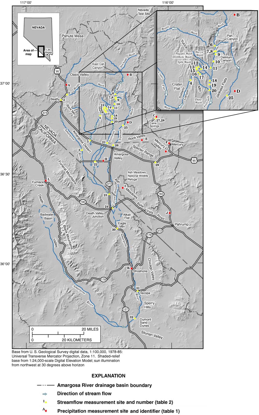 Map showing geographic setting and flow paths of the Amargosa River drainage basin during the February 23-24,
        1998, flood.