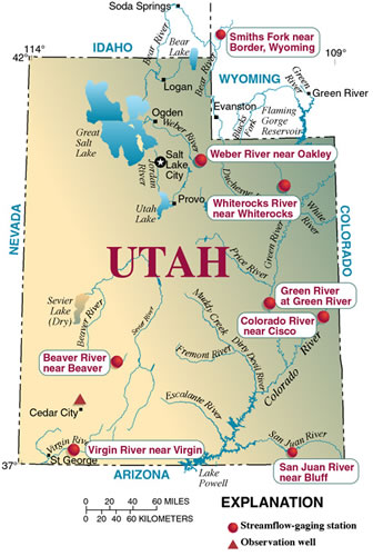 Location map of selected streamflow-gaging stations in Utah and Wyoming.