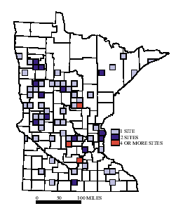 Map of Minnesota showing where malformed frogs have been found.