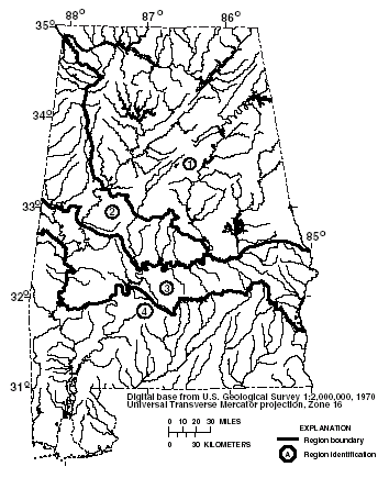 Map showing hydrologic regions for Alabama