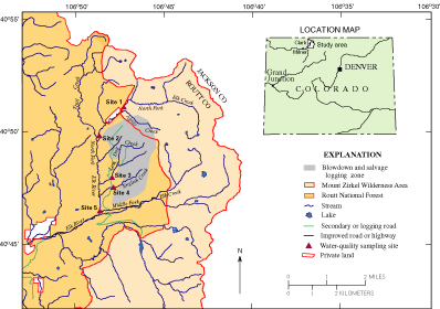 Figure 1. Water-quality sampling sites and area affected by blowdown in the North Fork Elk River watershed.