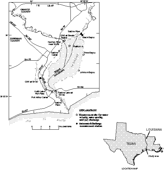 Figure 1. Map showing measurement sites, Sabine Lake, Texas. 