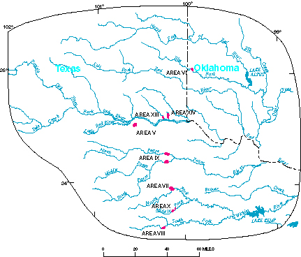 Figure 2. Map showing location of salt-spring areas in the Red River Basin, Texas and Oklahoma (Keller and others, 1988).