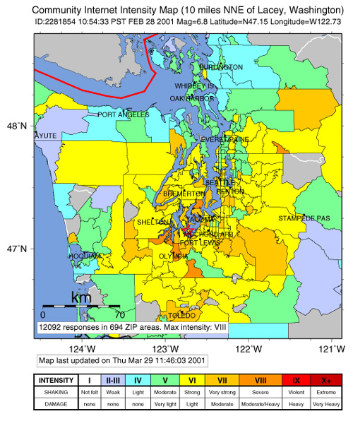 community made map showing earthquake intensity for the Nisqually earthquake 