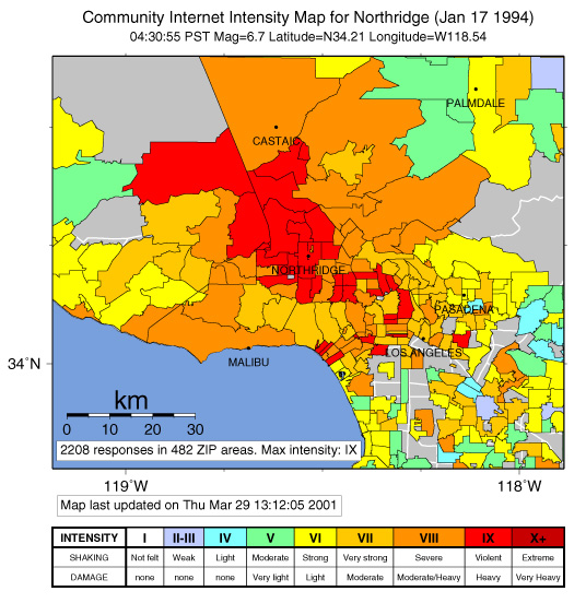 community-made map showing earthquake intensity for the January 17, 1994, earthquake in Northridge, California