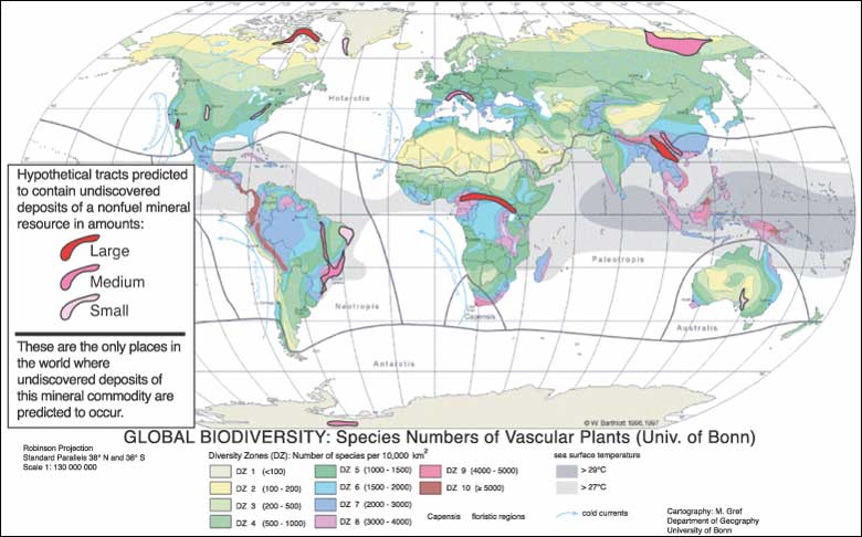 Conceptual global assessment in which tracts predicted to contain undiscovered deposits of a hypothetical nonfuel mineral resource are shown overlying a map of species diversity for vascular plants