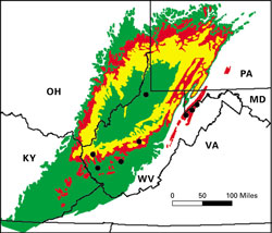 Distribution of coal-bearing strata in the Appalachian region study area