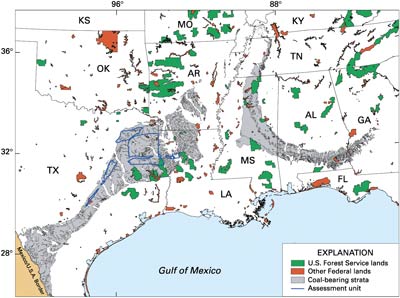 Map showing distribution of Federal lands and outcrop of coal-bearing strata in the Gulf of Mexico Coastal Plain
