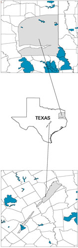 Maps of the Central Texas and Texas Sabine Assessment Units and surrounding counties showing the distribution of Federal lands