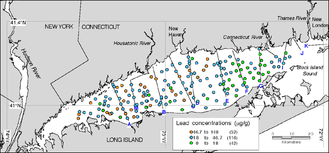 Map showing the distribution of lead in Long Island Sound.