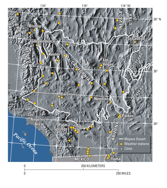 Shaded relief map showing the Mojave Desert region and the 52 weather stations used in the precipitation history