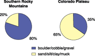 Figure 4. Percentages of types of bed substrate for fish community sampling sites in each physiographic province.
