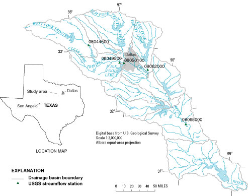 Figure 1. Map showing location of USGS streamflow-gaging stations in the Trinity River Basin, Texas.
