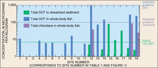 Figure 2. Concentrations of total DDT and total chlordane in streambed sediment and whole-body fish.