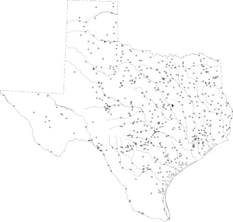 Map showing locations of gaging stations in Texas with at least 8 years of peak-streamflow data from unregulated, rural basins. 