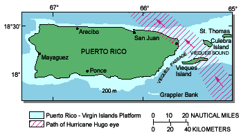 Map of the Commonwealth of Puerto Rico showing the path of the eye of Hurricane Hugo on September 17, 1989.