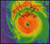 Color-enhanced satellite image of the eye and circular storm patterns of Hurricane Andrew.