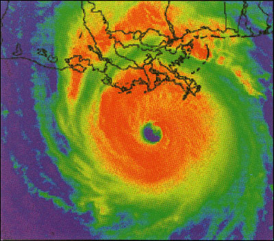 Color-enhanced satellite image of the eye and circular storm patterns of Hurricane Andrew.