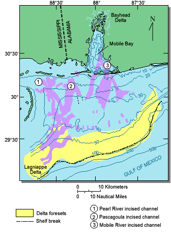 Location of incised valleys on the Mississippi-Alabama Shelf as interpreted from seismic data. 