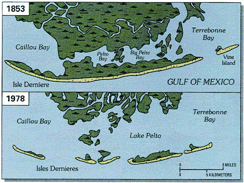 Illustration showing Isles Dernieres in 1853 and 1978.