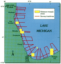 Map of southern Lake Michigan showing areas surveyed using sidescan sonar imagery and seismic reflection track lines.