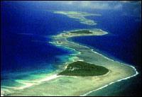 View of atoll islets on the reef rim of Ulithi Atoll in Yap State, Federated States of Micronesia