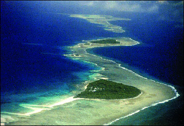 View of atoll islets on the reef rim of Ulithi Atoll in Yap State, Federated States of Micronesia.