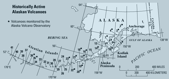 map showing locations of volcanoes of Alaska, and the volcanoes that are monitored by the Alaska Volcano Observatory