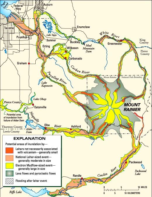 Map, Hazard Zones at Mount Rainier