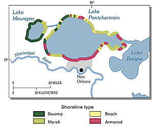 Map showing shorelines types (swamp, marsh, beach, and armored) in the Pontchartrain basin.