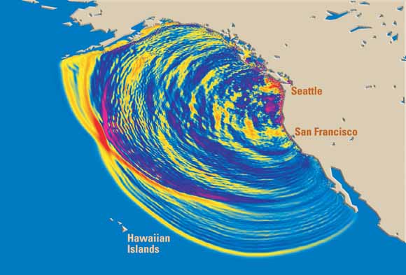 map of west coast of United States with tsunami waves illustrated