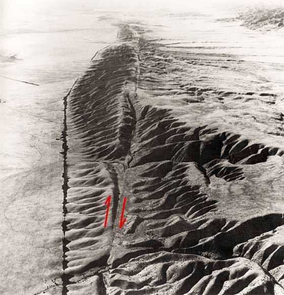 low-angle oblique aerial photo of fault cutting through rolling hills.  Arrows shows left side moving north and right side moving south