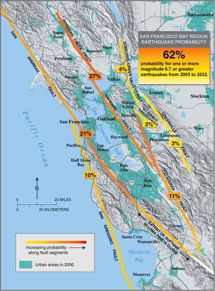 map of bay area showing which faults have which probability for quakes