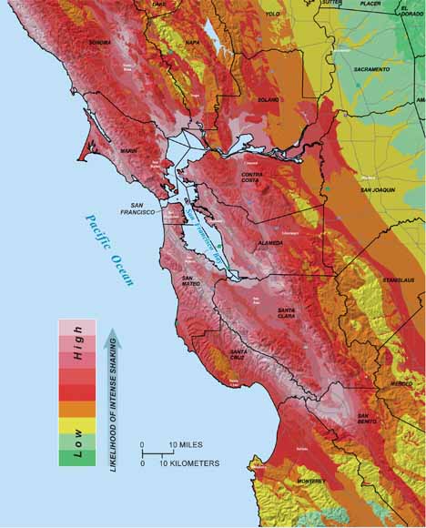 map of Bay Area with areas apt to shake more shown in reds and those apt to shake less in greens