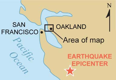 mini map showing San Francisco to the west, Oakland to the east, and the epicenter way to the south